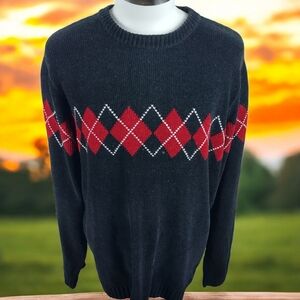 VTG Prefab Men Crew Neck Velveteen Sweater Size Lg Argyle Print Diamond